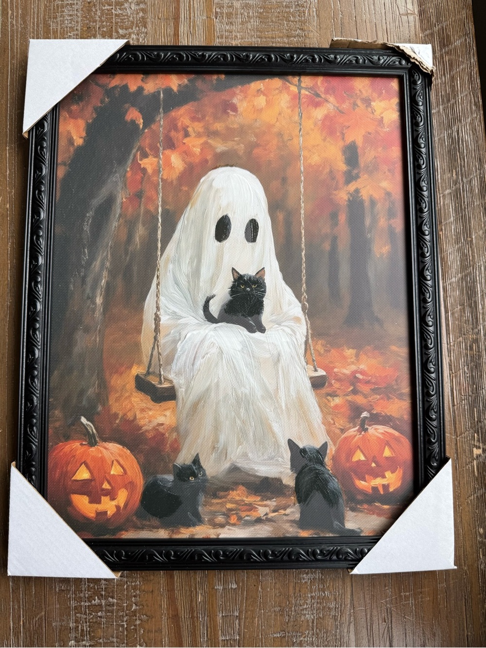 Halloween Ghost Canvas Wall Art with Black Cats and Pumpkins